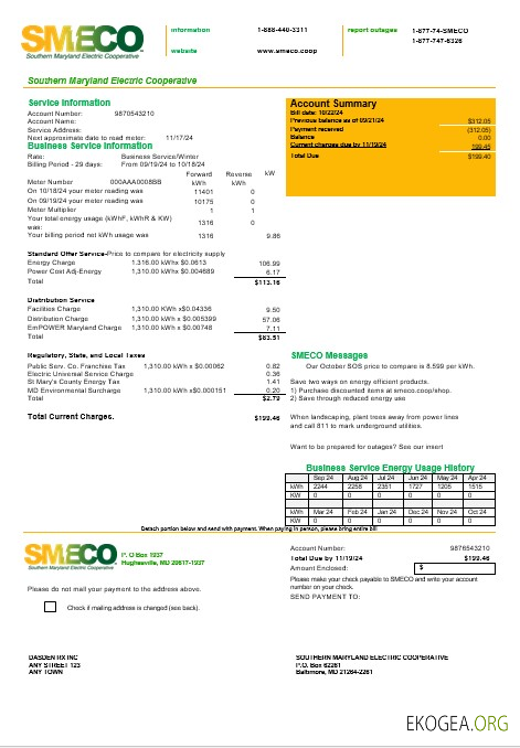 Modèle de facture de services publics pour les entreprises USA Maryland SMECO aux formats Word et PDF